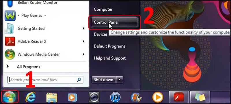 Chọn biểu tượng Start > Vào Control Panel